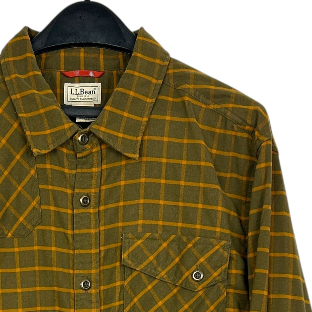 LL Bean Mens XL Plaid FLEECE Flannel Button Down Shirt Green Elbow Patches